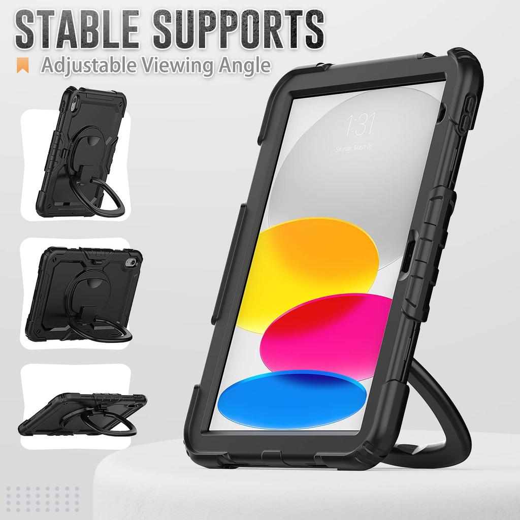 For iPad 10th 10.9 2026, Military Grade Shockproof Protective Silicone Cover 360 Folding Handle Grip + Handle Shoulder Strap