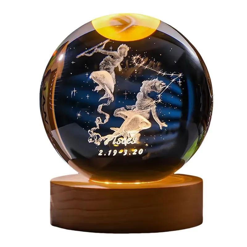 12 Constellation Crystal Ball with LED Office Decoration Sphere Stand Holder Laser Engraving Glass Ball Birthday Gift Souvenir