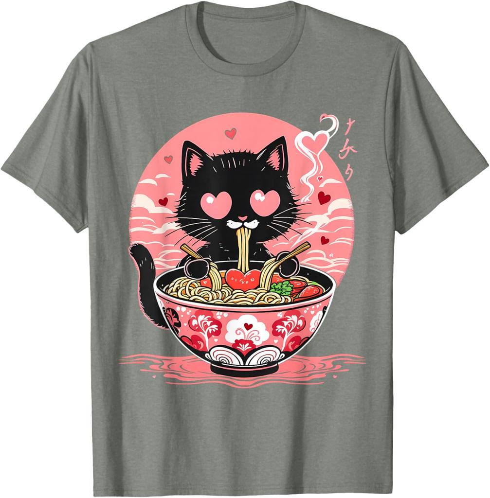 Kawaii Black Cat Eating Ramen Anime Japanese Aesthetic Graphic Tee Men Women Daily Perfect for Foodies Cat Moms