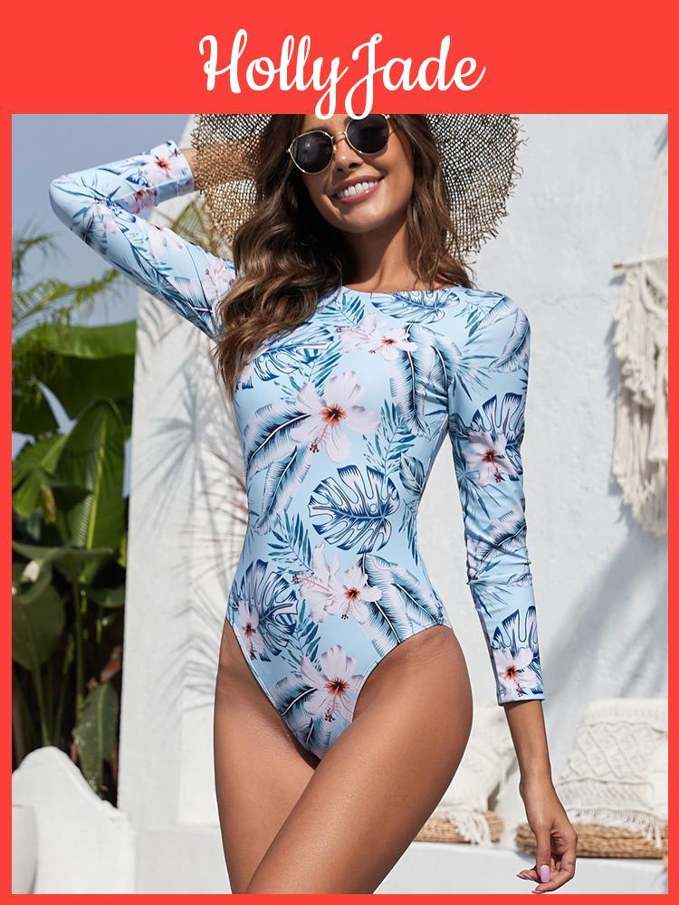 Piece One Women Guard Rash Long Sleeve Floral Printed One Piece Swimsuit Sexy Backless Surfing Suit Sun Protection