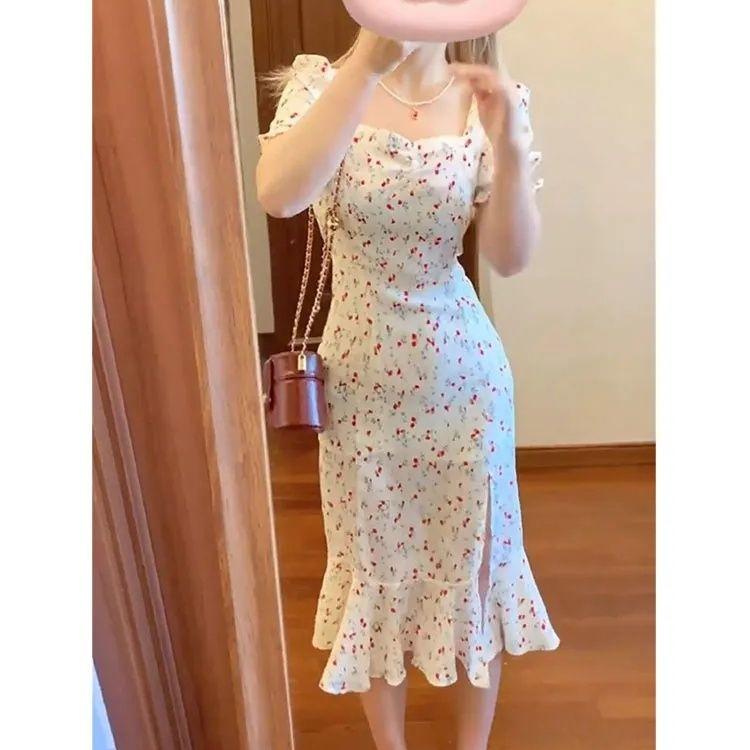 New fairy skirt summer skirt high-end temperament floral fishtail skirt summer thin split slim dress