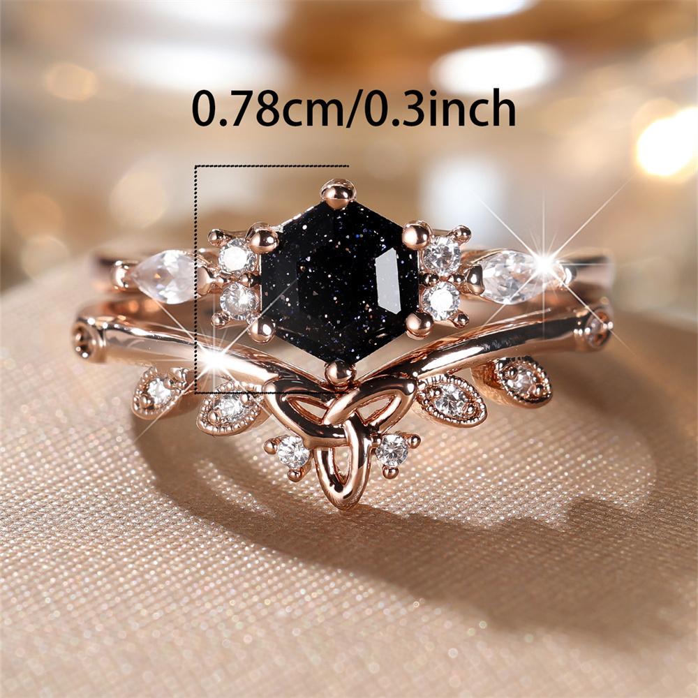 S/set Luxury Crystal Hexagon Stone Engagement Promise Ring Sets For Women Rose Gold Color White Zircon Flower Wedding Jewelry
