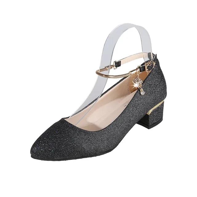 Женские свадебные туфли на высоком каблуке, серебристо-черные весенние туфли-лодочки 2024 с ремешком на щиколотке и кристаллами, туфли-лодочки на неглубоком массивном каблуке, большие размеры 34 чёрный