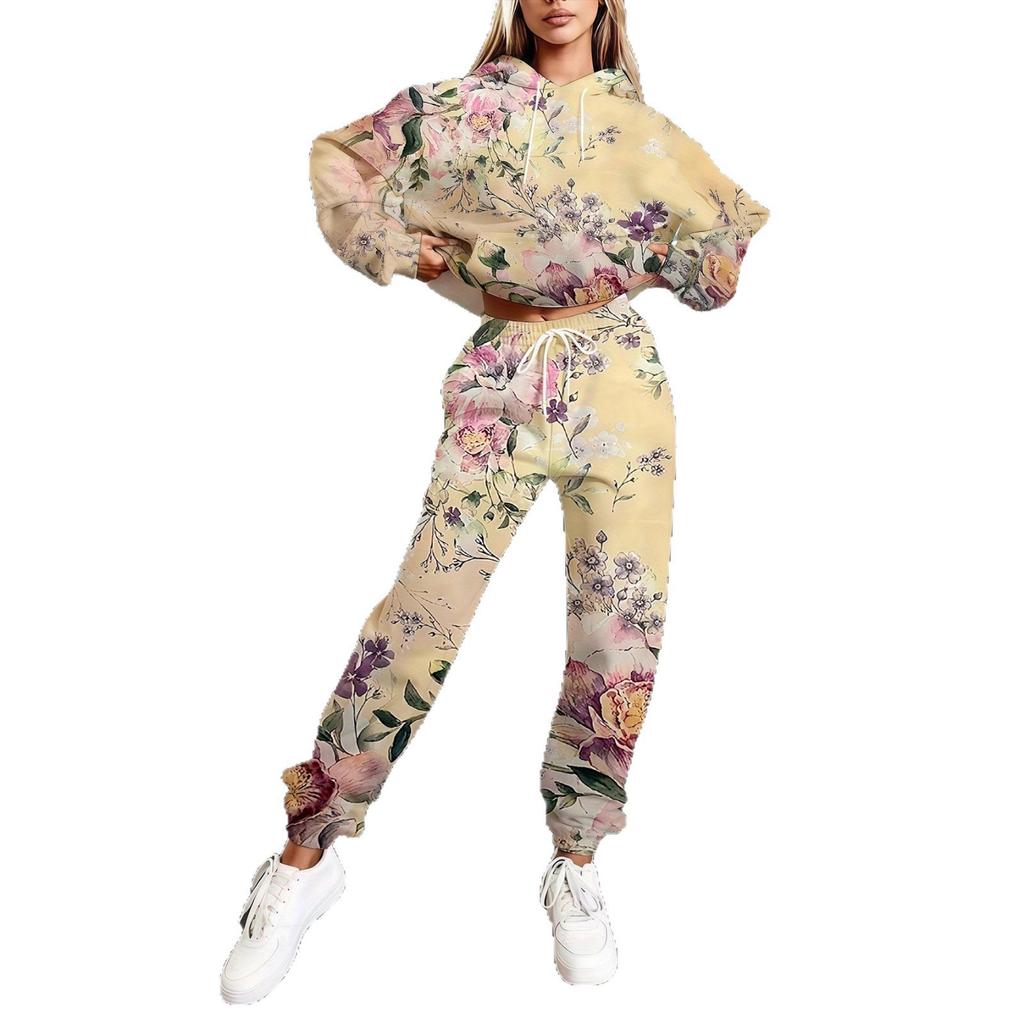 Europe and America 1116 New Fashion Casual Sports Hooded Flower Printed Sweater Set