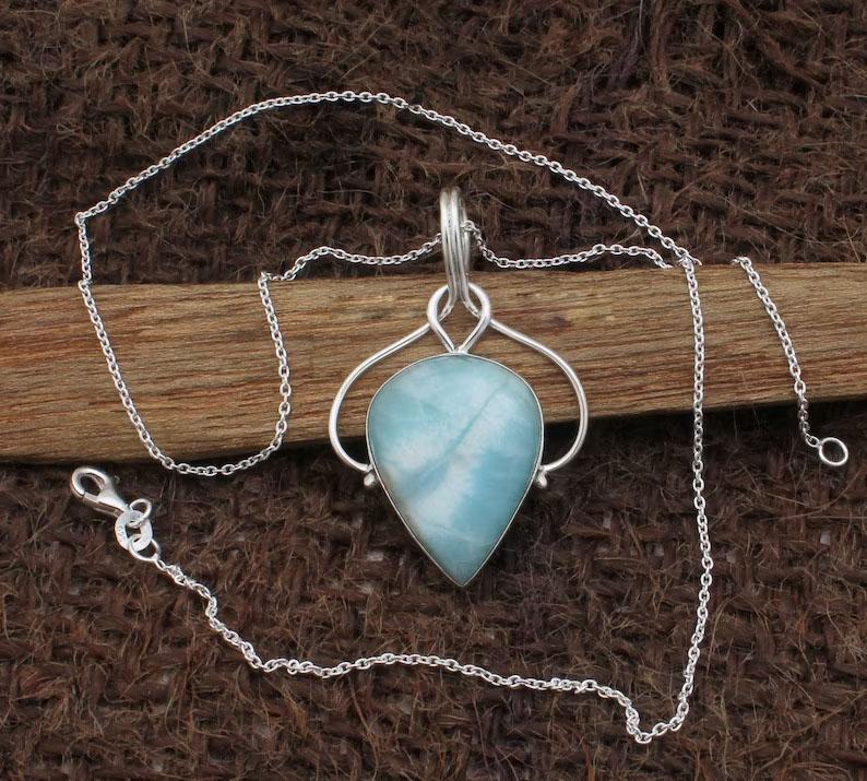 Larimar Edelstein Anhänger Halskette, Silber Charm Schmuck, Einzigartiges Geschenk, Designerschmuck, Geburtstagsgeschenk, 925 Sterlingsilber