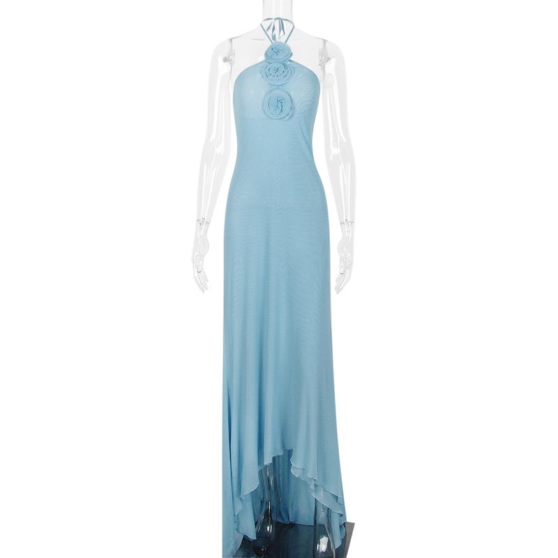 

Fashion Style Ins New Arrival Fashion Sexy Halterneck Flower Mesh Long Dress Sexy Open Back Mop Dress Dress Blue XS