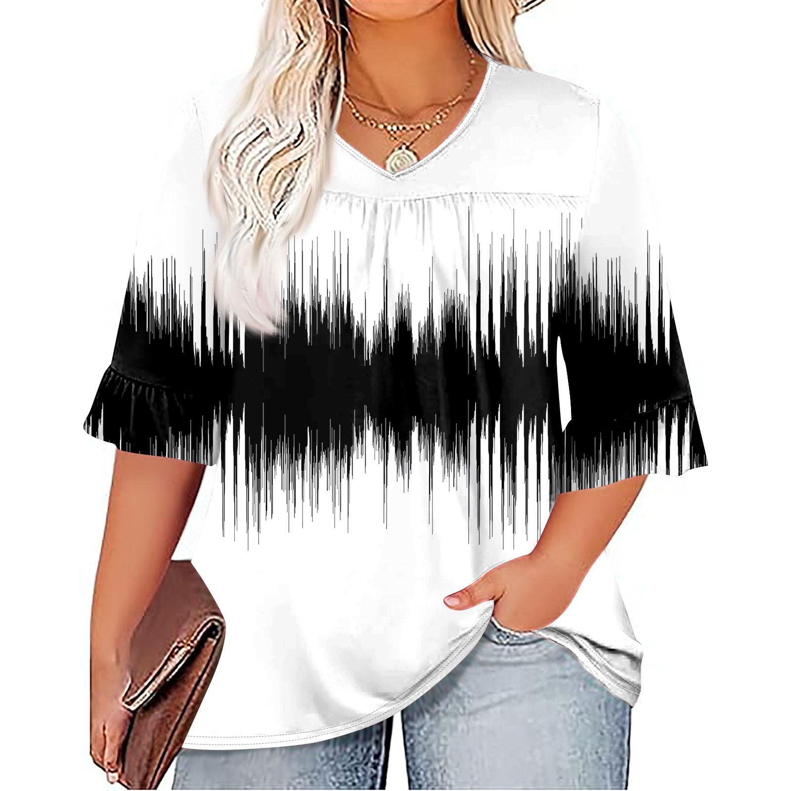 

Женская мода, повседневная плиссированная футболка с v-образным вырезом и принтом, семиминутная футболка с рюшами и рукавами, топы больших размеров XL белый