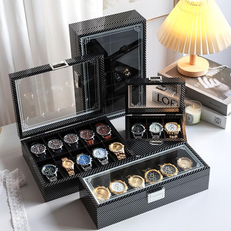 Exquisite High-Capacity Carbon Fiber Watch Box - Dustproof Display for Mechanical Watches