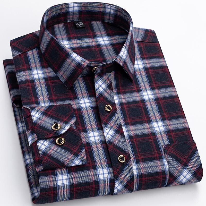 M-6XL Men's Pure Cotton Flannel Shirts Long Sleeve Single Pocket Casual Plaid Thick Soft Cozy Brushed Shirts Blouse Men Clothing