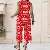 Women Plus Size V Neck Sleeveless Christmas Printed Red Wide Leg Pants Set With Pockets
