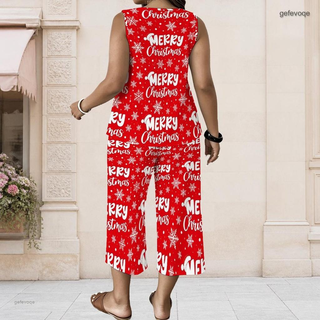 Women Plus Size V Neck Sleeveless Christmas Printed Red Wide Leg Pants Set With Pockets