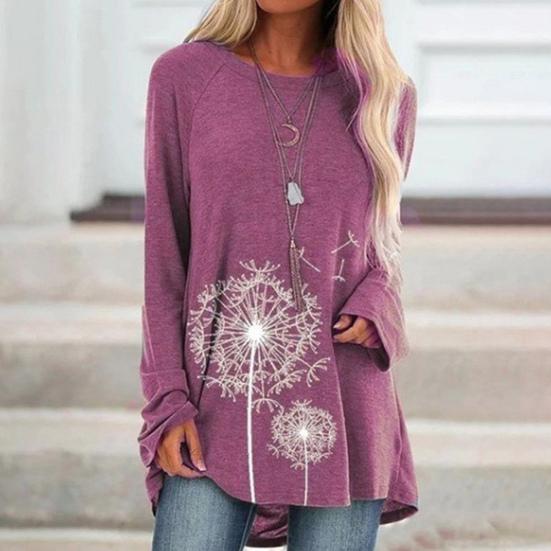 Women's Plus Size Tunic Top Dandelion Print Longline Shirt Crew Neck Long Sleeve Pullover Tee Casual Loose Fit Blouse for Work Daily Life