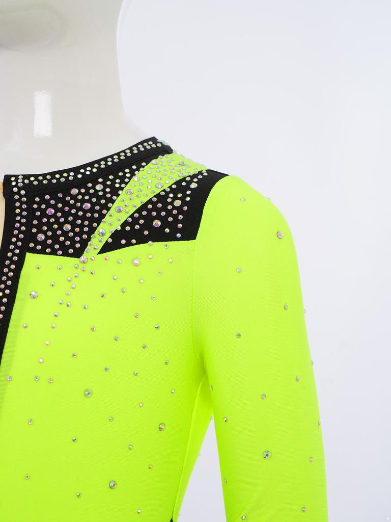Girls Gymnastics Leotard Long Sleeve Keyhole Back Shiny Rhinestones Figure Skating Dancewear