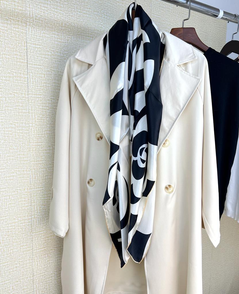 Black And White Camellia Silk Scarf Mulberry Silk Silk Satin Scarf Small Fragrant Style Large Square Scarf Sun Protection Shawl Women