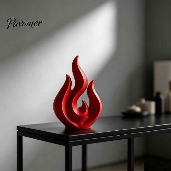 Trendy Collection Display 3D Printed Flame Sculpture, Matte Red Hollow Statue, Unique Desktop Art Minimalist Ornament for Office Home Decor