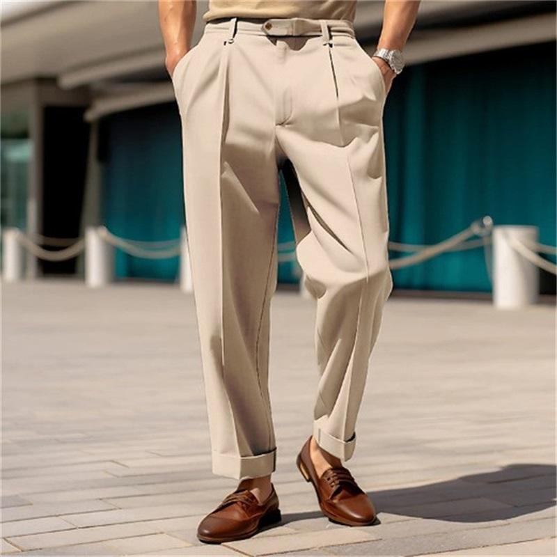 Men's Formal Wear Bottoms, Mid-waist Buttons, Straight-leg Plain Color, Comfortable Outdoor Daily Outing Business Suit Pants