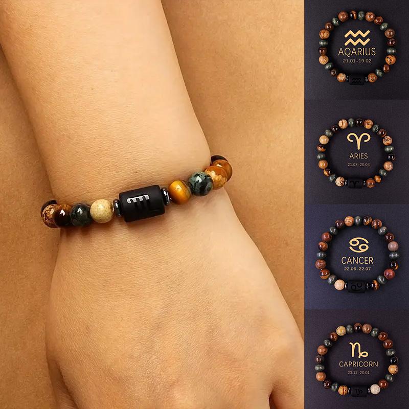 1PC 12 Zodiac Signs for Friends Lovers Stone Beaded Bracelet with Polished Natural Stone Adjustable Couples Friendship Minimalist