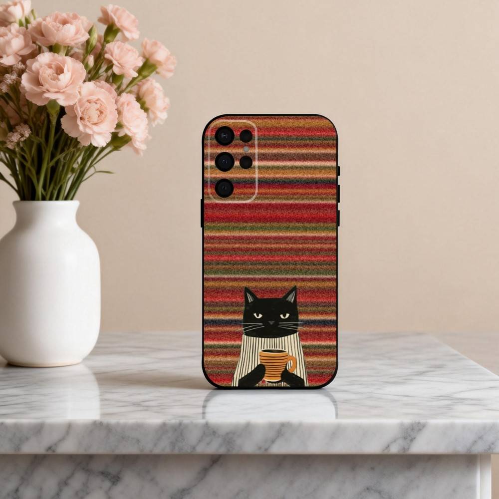S-Striped C-Coffee Cat Phone Case For Samsung S25,S24,S21,S22,S23,S30,Ultra,S20,Plus,Others Soft Black Cover