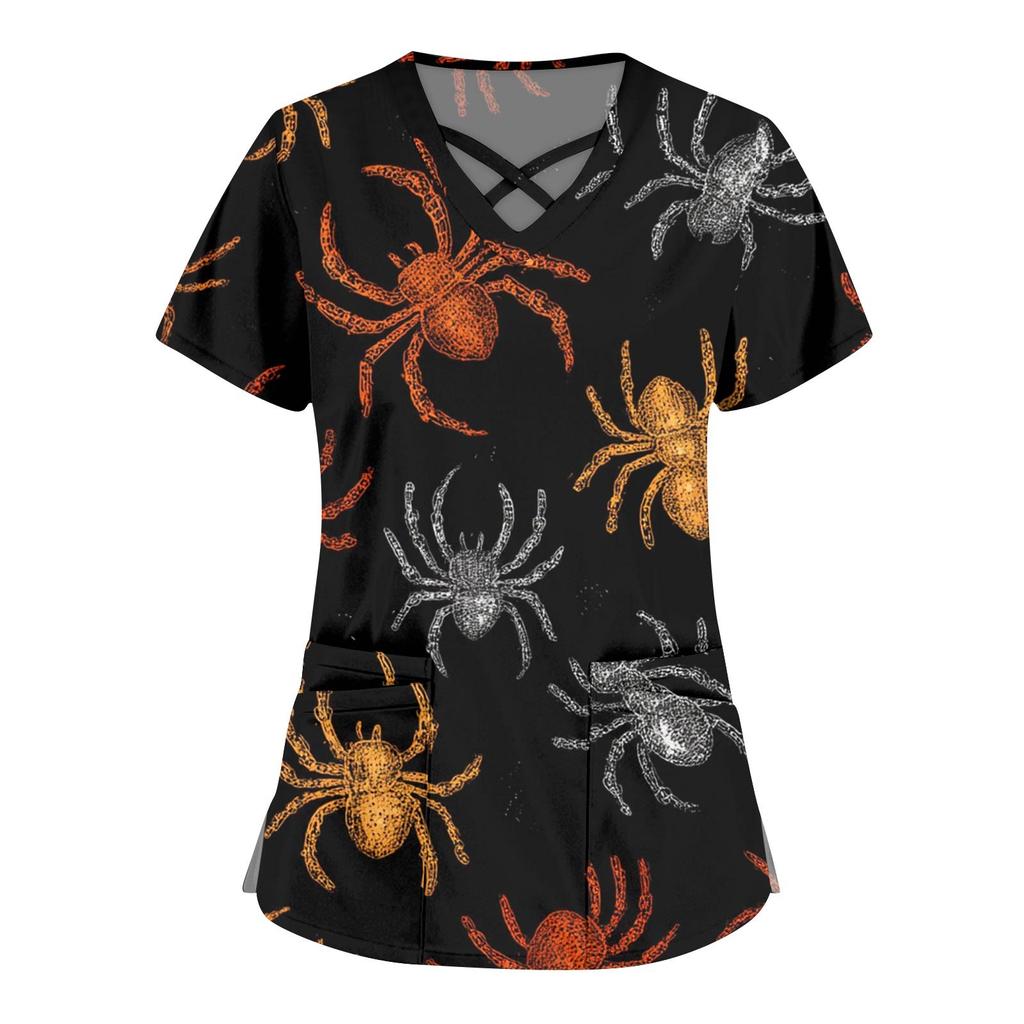 Women's Fashion Cross V Neck Short Sleeve Overalls Double Pockets Halloween Printed Tops Uniforms