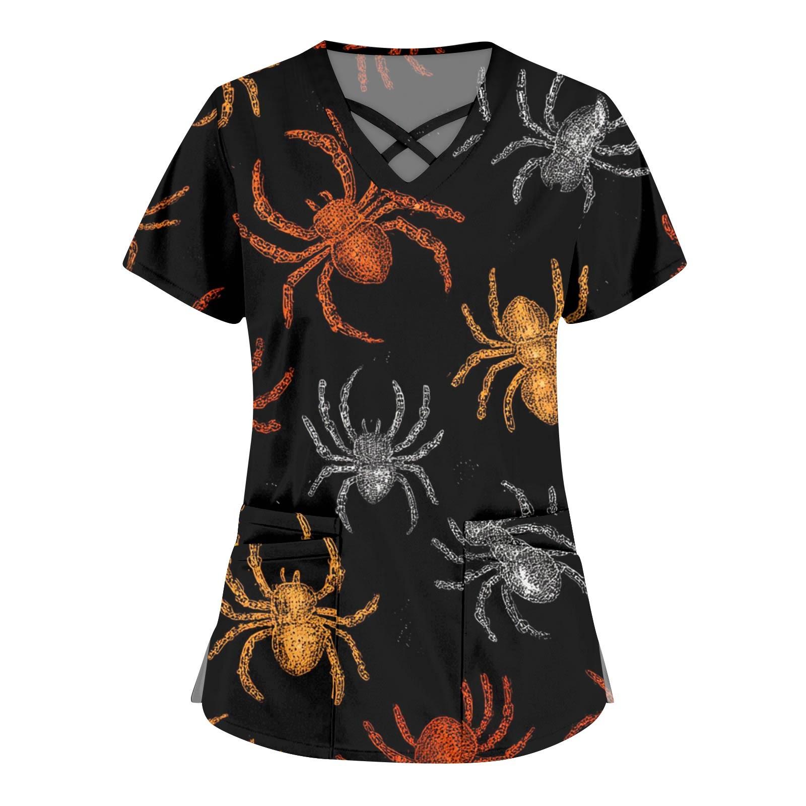 

Женская мода Комбинезоны с перекрестным V-образным вырезом и короткими рукавами Двойные карманы Топы с принтом на Хэллоуин Униформа XXXL