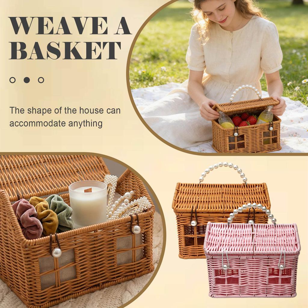 This Plastic Rattan House-shaped Basket, With A Lid And Folding Handle, Is Perfect For Picnics, Easter, Tidying Up, And Other Occasions.