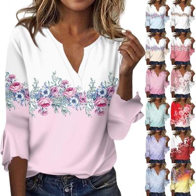 Women's Top Loose Casual V-neck Printed Blouses Bell 3/4 Sleeve T-shirt