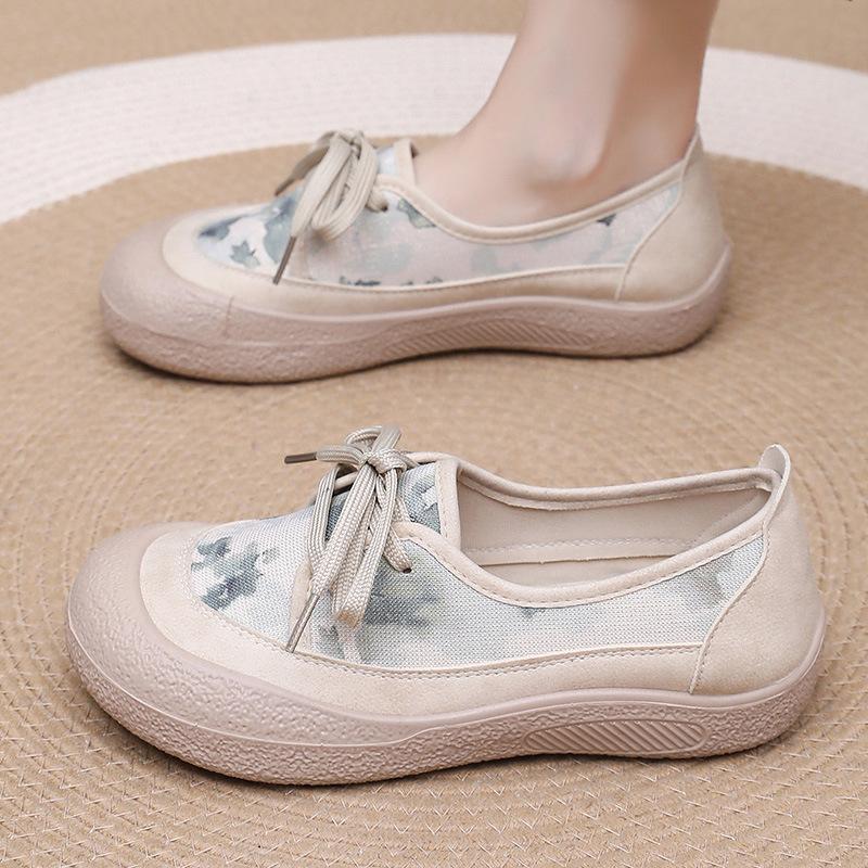 Fashion Spring and Autumn Women Flat Cloth Shoes Lace-up Round Toe Casual Shoes Comfortable and Breathable Outdoor Non-slip Sneakers
