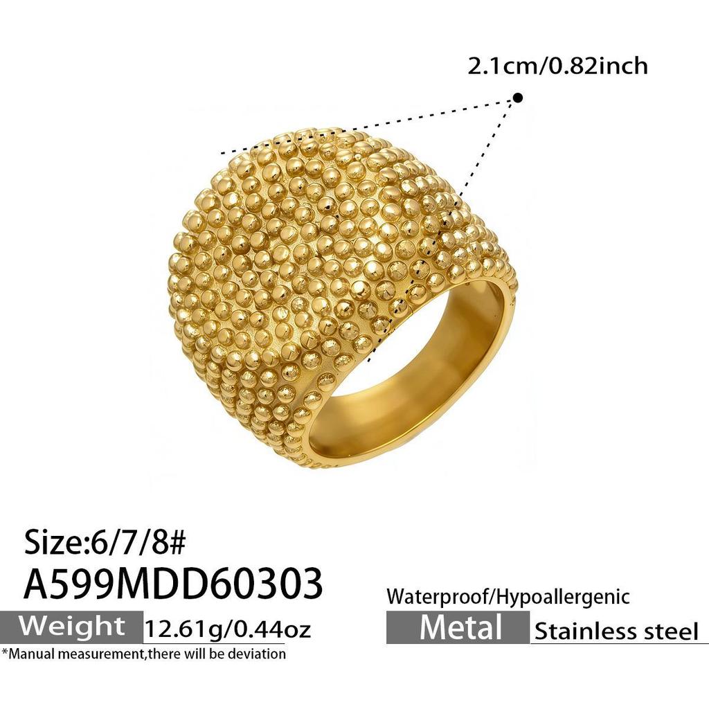 18k Gold-Plated Stainless Steel Square Ring: Trendy, Wide Band with Granular Texture