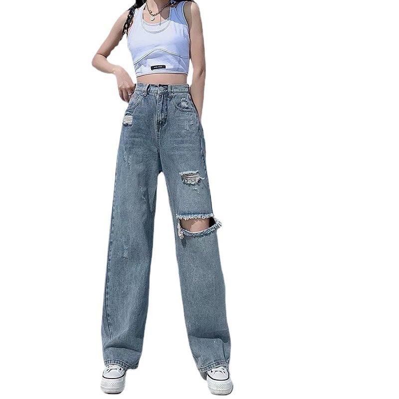 2024 Women's High Waist Ripped Straight-Leg Jeans - Summer Thin, Loose, Wide-Leg, Mopping Style