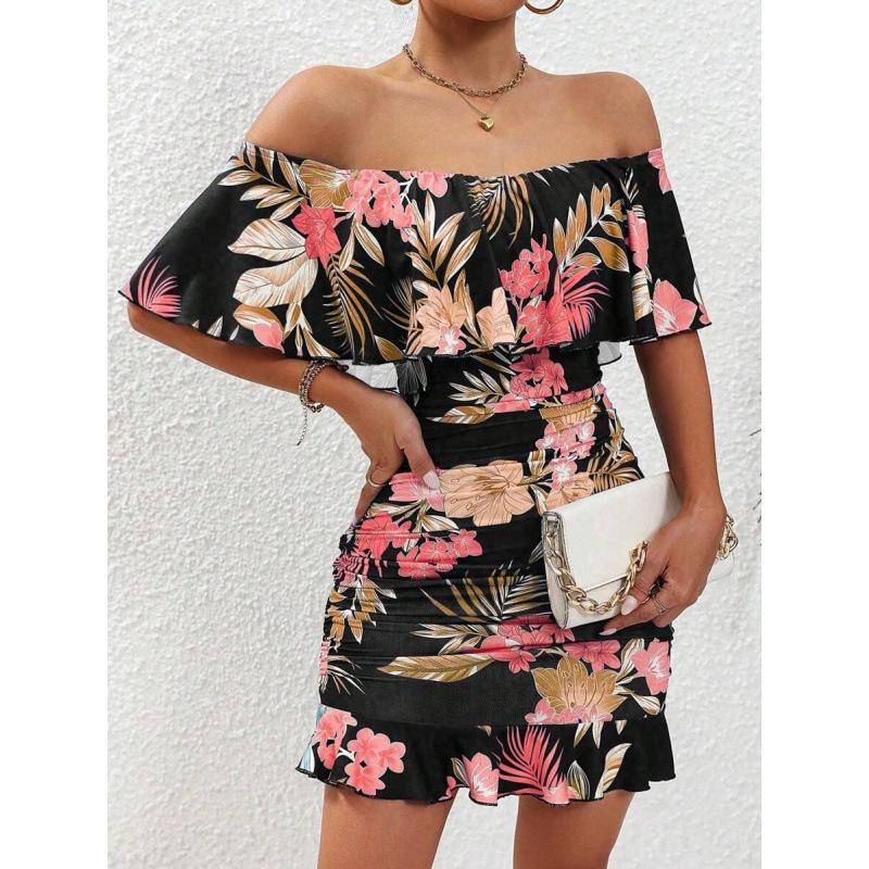 European and American summer tropical print off-the-shoulder ruffle ruffle slim holiday beach dress XS