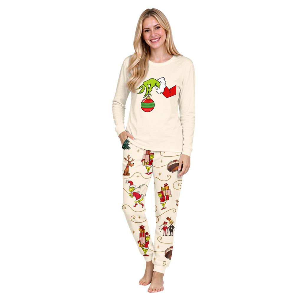 Christmas Print Neck Top and Jogger Pants Set Casual Two Piece Outfit for Holiday Loungewear
