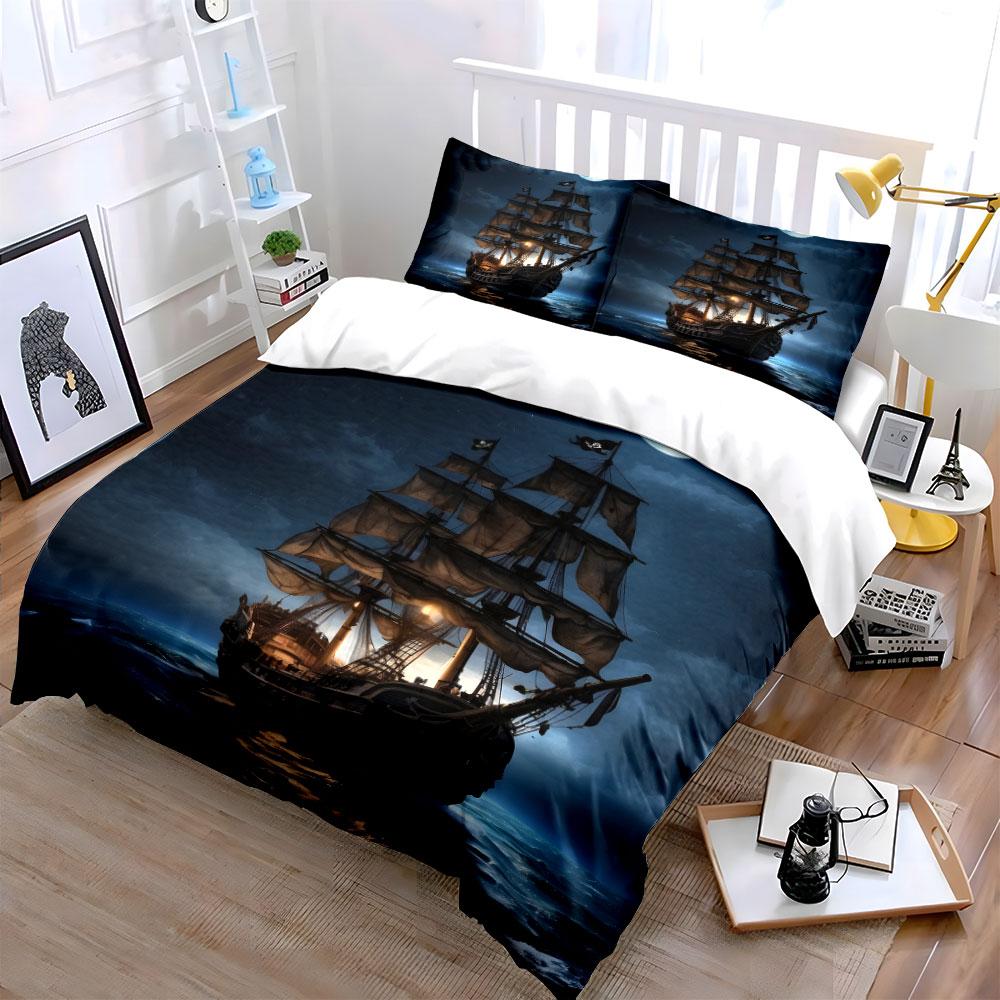 Pirate Ship Night Canvas Art Soft Comfortable Duvet Cover Bedding Set Included 1*Duvet Cover & 2*Pillowcases, Gift