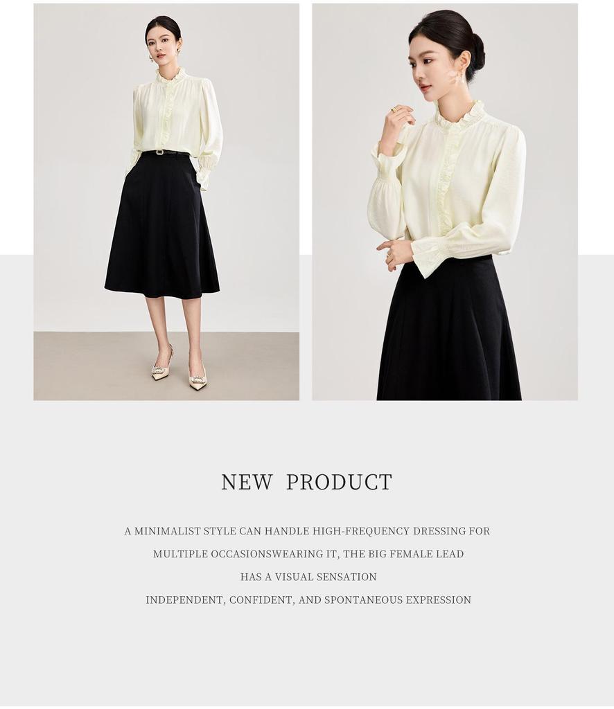 Nanyou Hofstil Tencel-Hemd: Damen Elegantes Krepp-Gefühl, Holzohr-Rand, Stehkragen, Frühlings-Oberteil