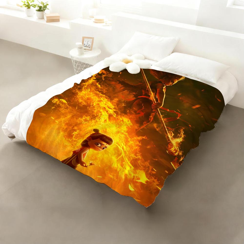 Movie Nezha Throw Flannel Throw Blanket: Soft Kid-Friendly Warm Anti-Static All Season Washable Couch Bed Home