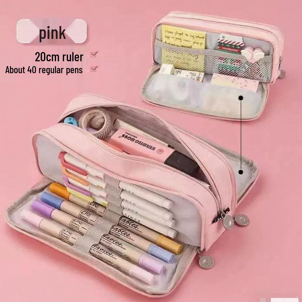 Cross-Border Double-Opening Student Pencil Case: Stain-Resistant, Solid Color, Large-Capacity, Multifunctional, Simple Travel Storage Bag