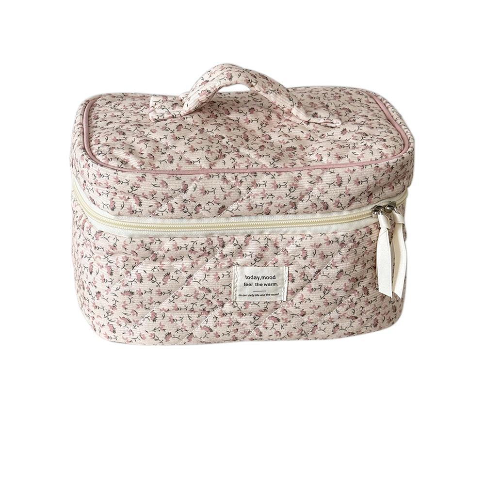 Portable Corduroy Aesthetic Cosmetic Organizer Large Capacity Zipper Floral Makeup Pouch Toiletry Bag Cosmetics