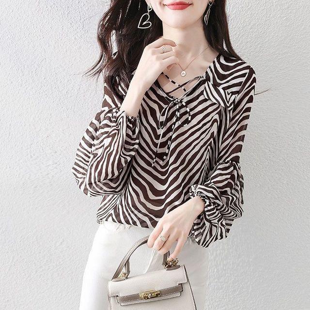 

Весна-лето Новая женская рубашка с принтом зебры, темперамент, рукав-фонарик, низ, топ, длинный рукав, шифоновая блузка M-4XL 4XL чёрный