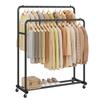 Kleiderständer, Kleiderständer auf Rädern, Garderobenständer, 2 feststellbare Räder, Schlafzimmer, Doppelstangen, Hält bis zu 90 kg, 46,5 x 110 x 155,5 cm, Tintenschwarz