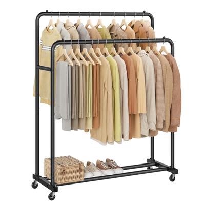 Clothes Rack, Garment Rack On Wheels, Coat Rack, 2 Lockable Wheels, Bedroom, Double Rods, Holds Up To 90 Kg, 46.5 X 110 X 155.5 Cm, Ink Black