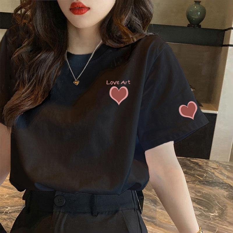Pure Cotton Love Round Neck Short-sleeved T-shirt Women's Clothing Summer 2025 New Milk Apricot Loose and Thin Half-sleeved Top