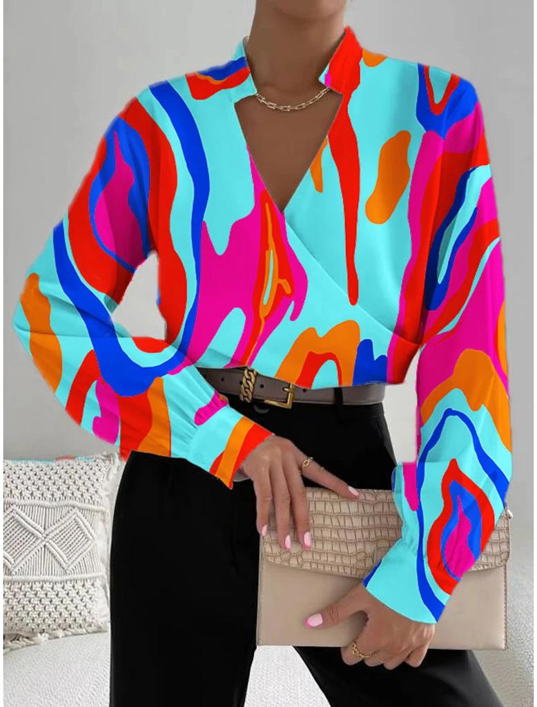Autumn new product long-sleeved V-neck splicing shirt shirt women