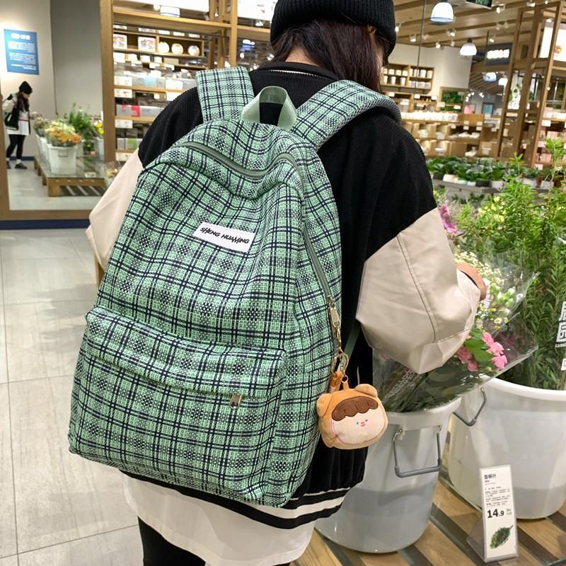 Checkered Letter Pattern Student Casual Backpack With Plush Pendant For Casual Travel