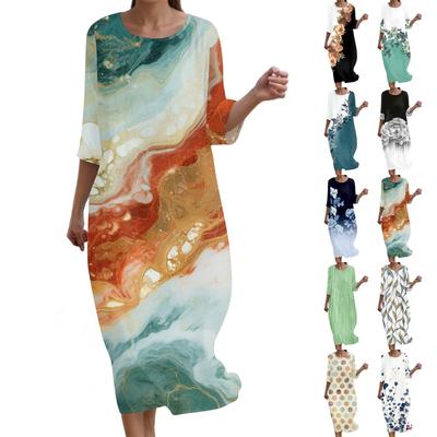 Women's Fashionable Printed Round Neck Seven Quarter Sleeve Loose Dress