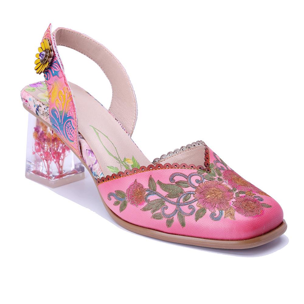 Johnature Handmade Genuine Leather Retro Court Style Exquisite Carved Comfortable High-heeled Sandals