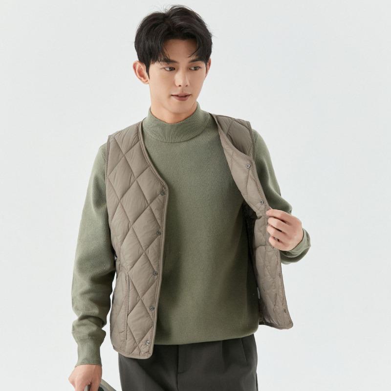 Men's Autumn and Winter Velvet Warm Medium and Green Vest Liner Pocket Men's Rhombus Short Snap Vest