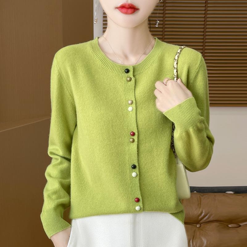 Color Buttons Soft Short Round Neck Sweater Women's Spring and Fall Knitwear