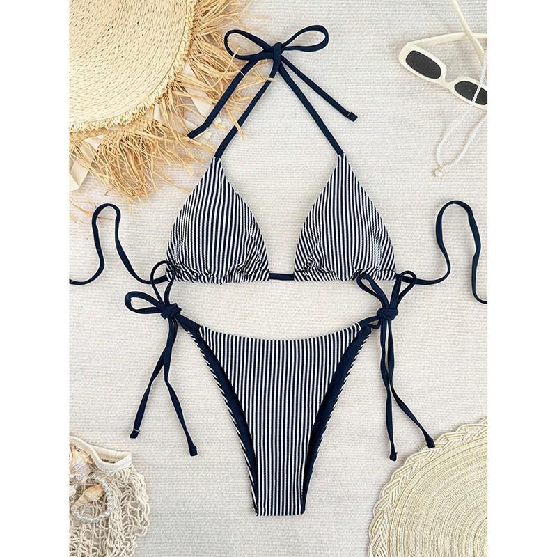 Striped Neck Split Swimsuit Women Lace Up Sexy Bikini Beach Hot XXS