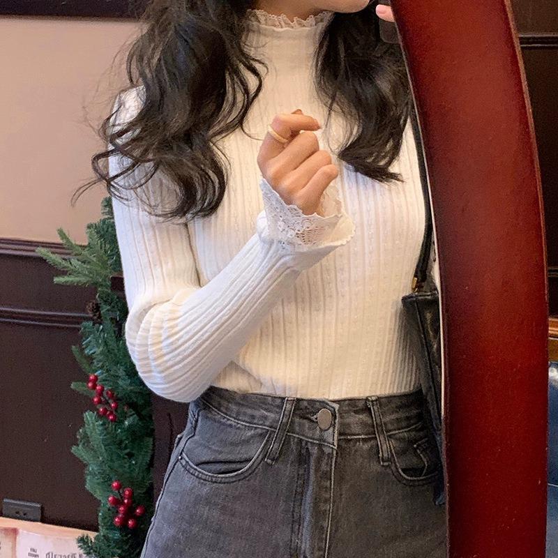 Spring Autumn Semi-turtleneck New Lace Pullover Long Sleeved Sweater Fashion Long Sleeve Women Knitted Bottoming Shirt Elegant Simple Slim Fit Top