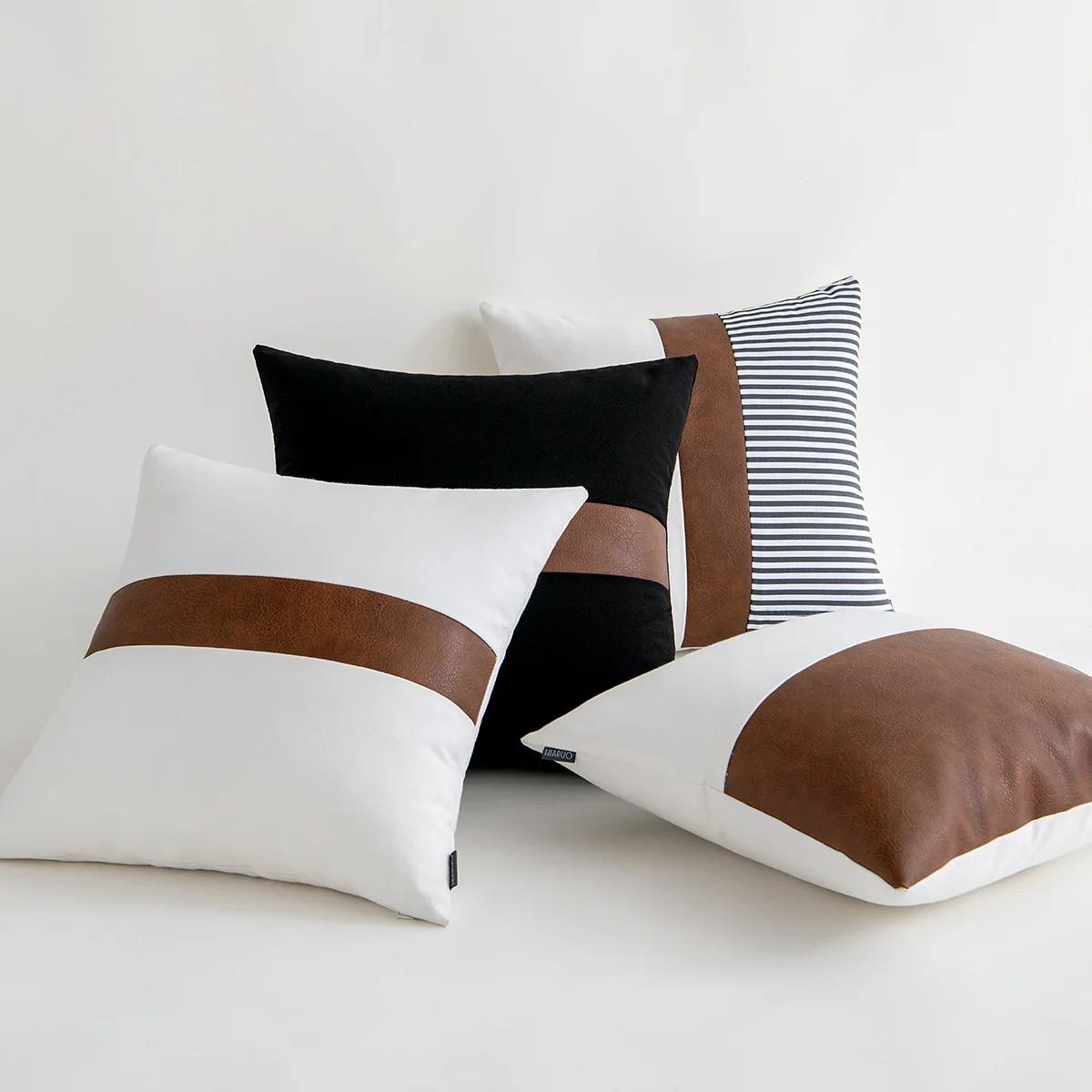 Jmg Clothing Unisex 45X45cm Pu Leather Stitched Striped Throw Pillow Cover Cotton Cushion Cover Simple Pillowcase For Living Room Couch Home Decor