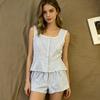 Summer Stripe Sleepwear Women Home Clothes Vest Set Lace Trim Cotton Sleeveless Round Neck Tank Top Shorts 2 Piece Pajamas Home
